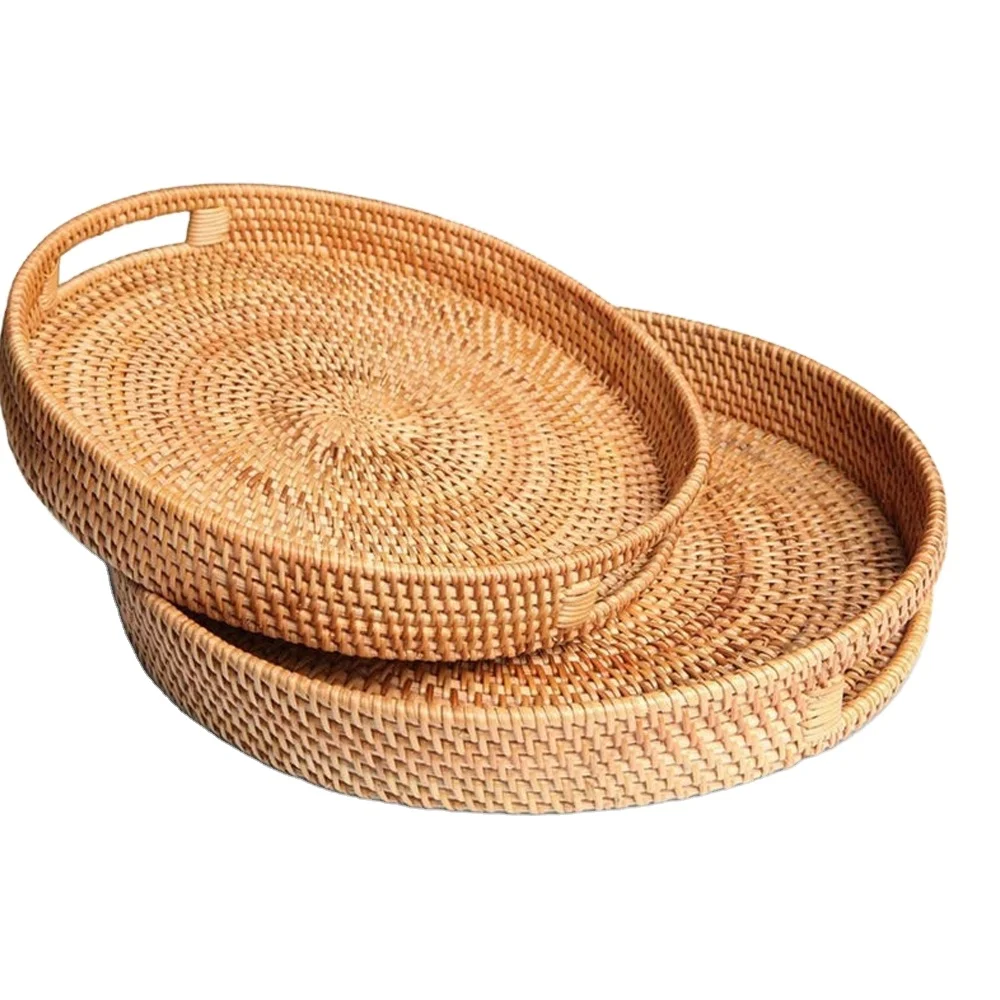 Rattan Storage Tray With Wooden Handle Round Wicker Basket Bread Food