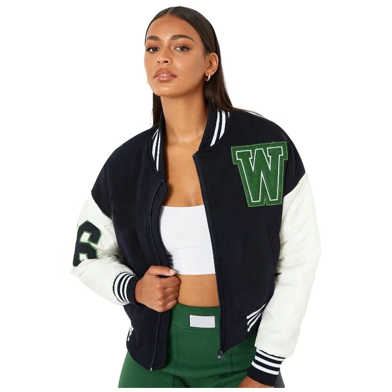 Active Letter Print Button Up Cropped Varsity Bomber Jacket - Emerald –  Trendy & Unique