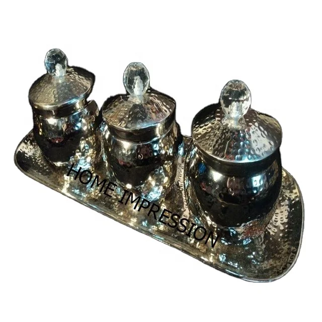 Designer Serving Jar Cum Bowl Set With Tray Crystal Clear Glass Metal
