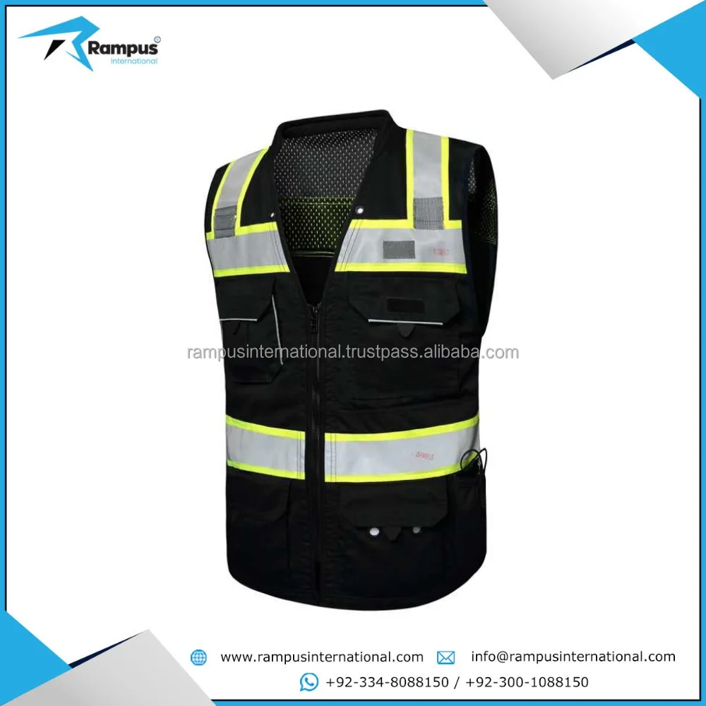 Customized Black Reflective Safety Vest Company Logo With Pockets