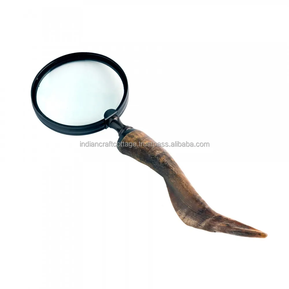 HORN MAGNIFYING GLASS  WITH HORN STAND VINTAGE BRASS MAGNIFIER 
