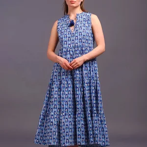Hand Block Print Cotton Dress Women Cotton Tier Dress Mandarin Collar Sleeveless Casual Partywear Long Maxi Dress