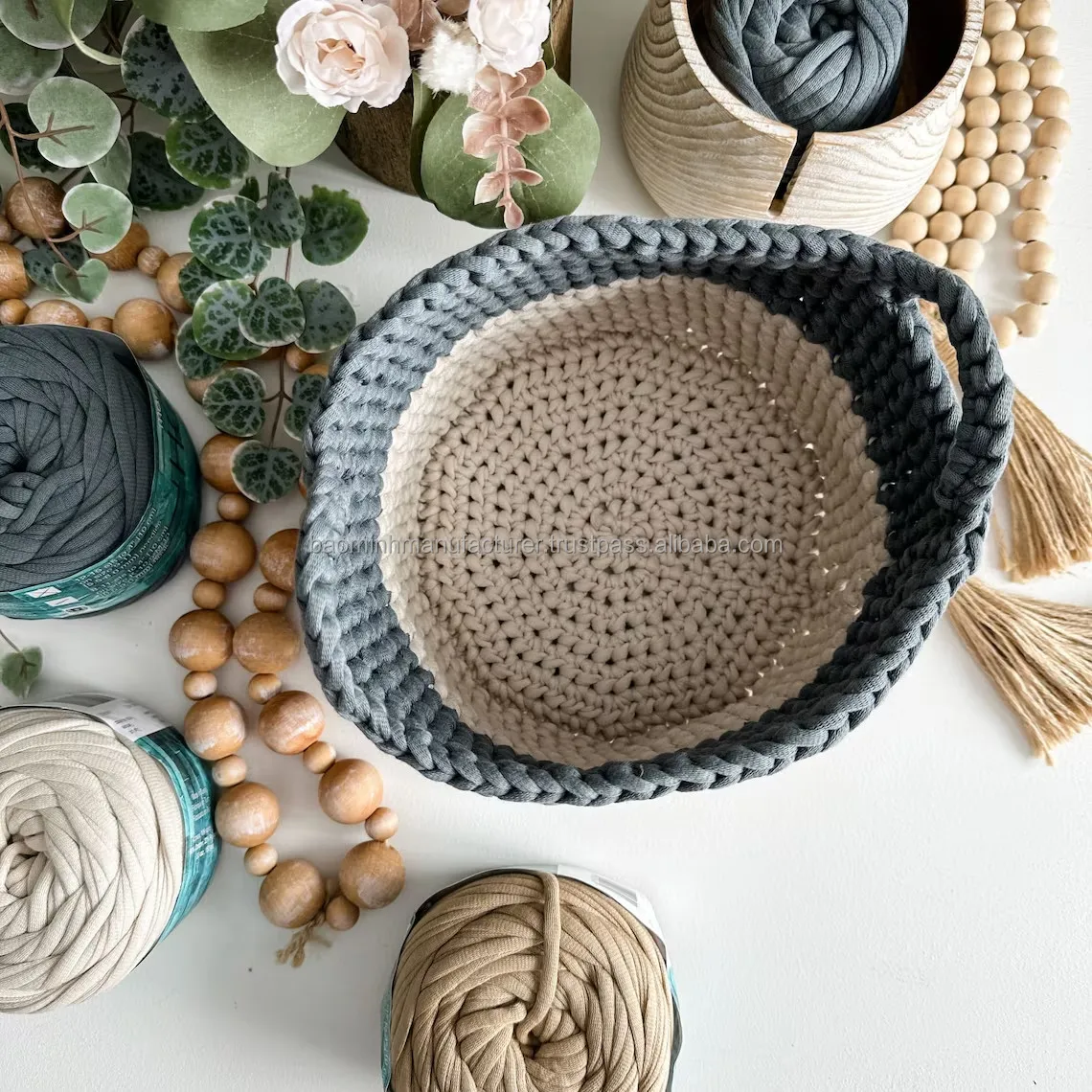Crochet Containers Natural Vintage Handmade Crochet Pattern Two-toned Nesting Baskets From ...
