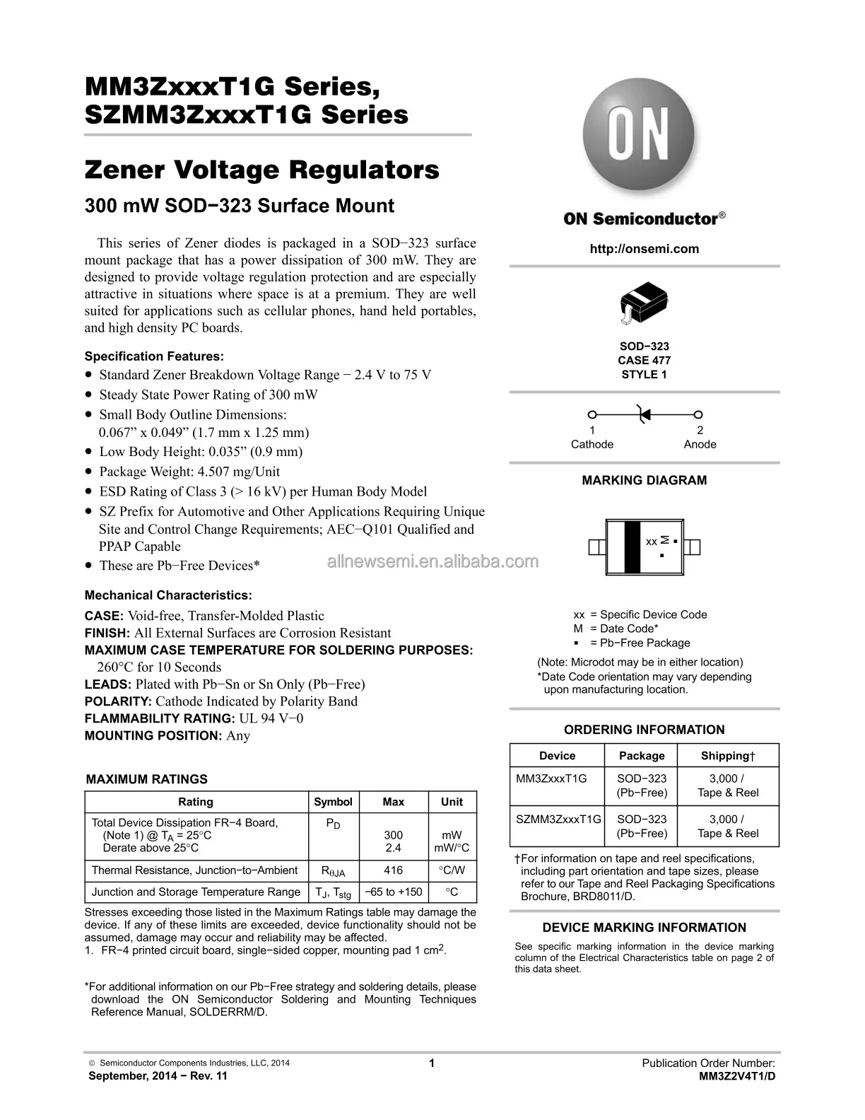 Hot sale Original MM3Z4V7T1G Single Zener Diodes ZENER 4.7V 300MW SOD-323 Zener Diode 4.7 V 300 mW Surface Mount