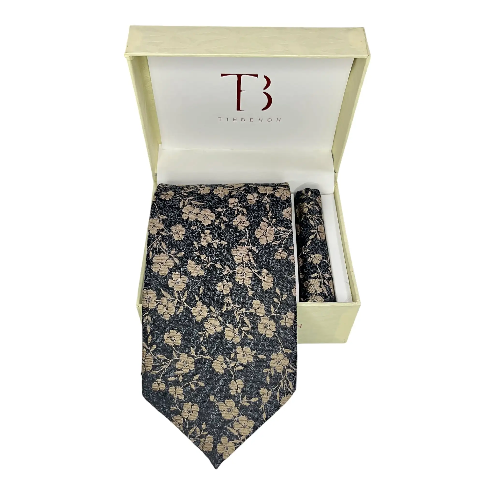 Tie Benon Floral Broad Cashmere Clothing Accessories Combo Tie and Pocket Square in Maroon/Silver/Dark Grey