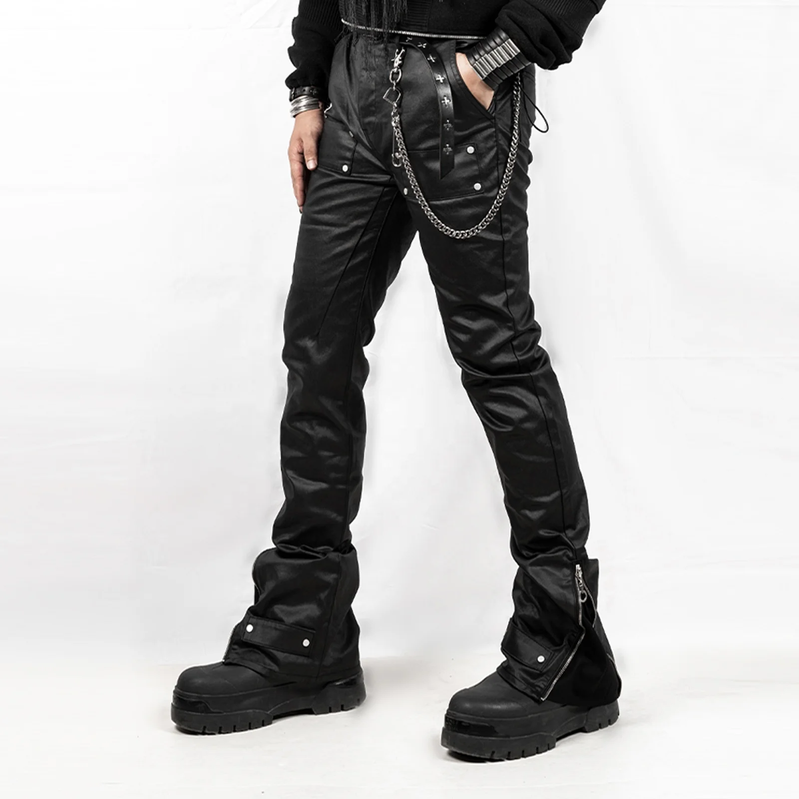 Shop Custom Black Flare Pants - Waxed Denim Cargo Pants