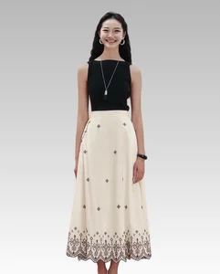2026 Women's Casual Long Skirt Fashion Viscose Silk Cotton with White Contrast Embroidered Natural Waistline