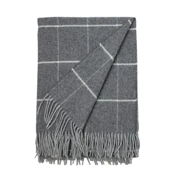 Checked Throw Blanket 100% Virgin Merino Wool Grey With Fringes Made In ...