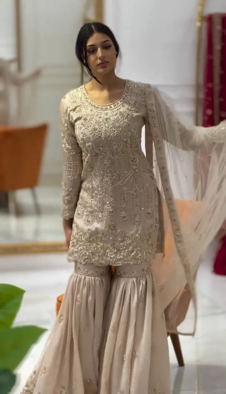 Latest Designer Heavy Georgette Embroidery Party Wear New Fancy Top-Dupatta Fully Stitched Gharara Salwar Fashion Style Kurti