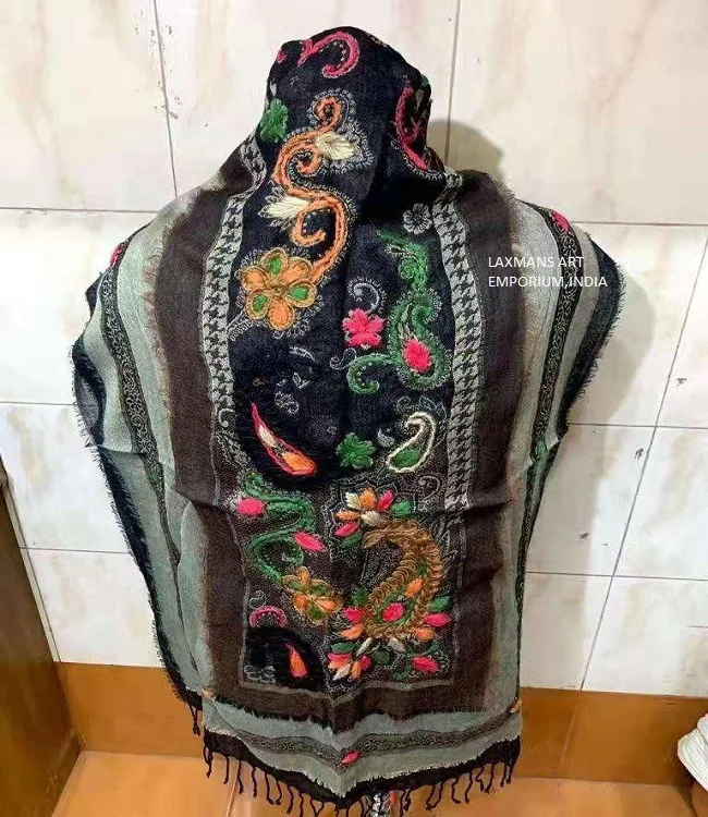 Wool Designer Modal Scarves Shawls Stoles Kashmiri Embroidery Shawls / Stoles From India Designer Wool Embroidery Scarf