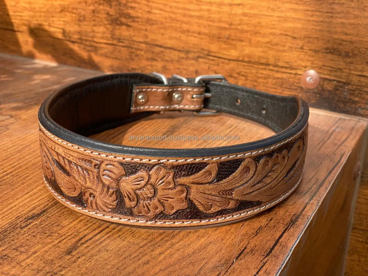 New Genuine Hand Tooled Leather Floral Pattern Handmade Dog Collar For ...