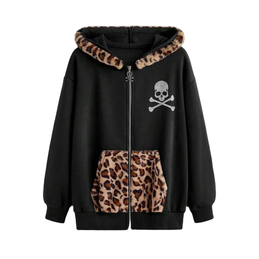 Rhinestone Skull Hoodies with Leopard Fur Trim - Gothic