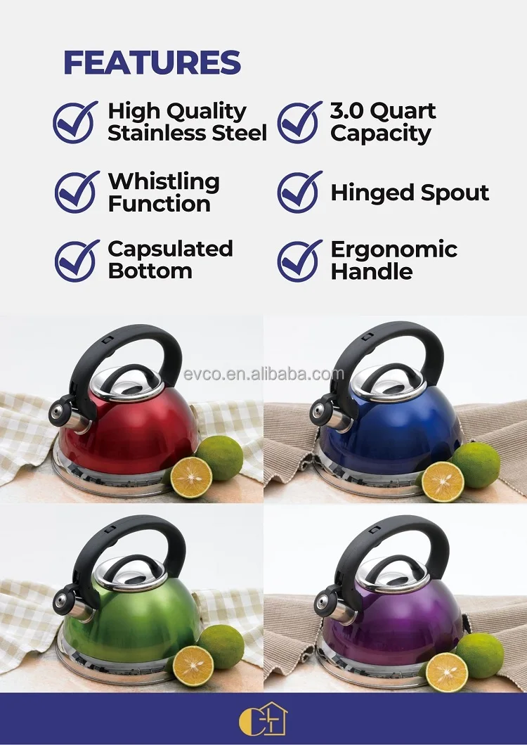 Creative Home Alexa 3.0 Qt. Stainless Steel Whistling Tea Kettle, Metallic  Cranberry