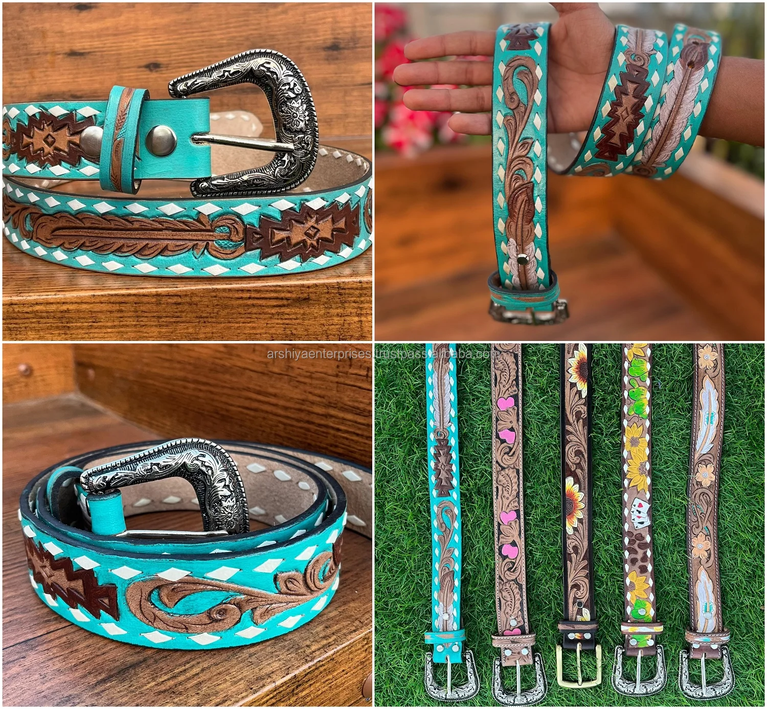 New Arrival Genuine Leather Western Hand Tooled and Hand Painted Floral Belts Real Handmade Tooled Leather Unisex Waist Belts