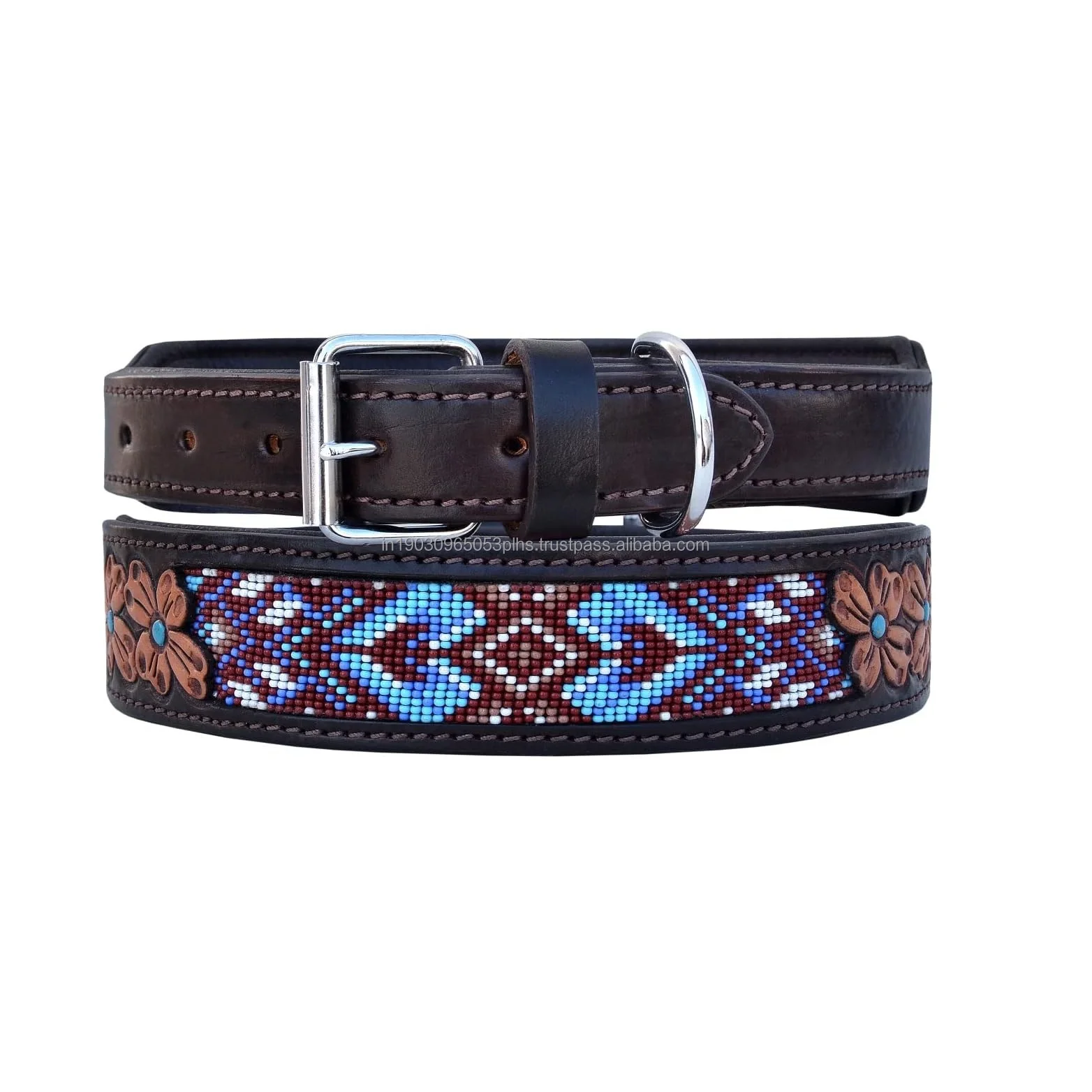 Soft Padded Genuine Cow Leather Beaded Dog Collar With Hand Tooling