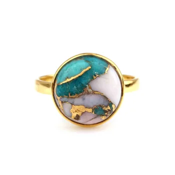 Hot Selling Indian Jewelry Natural Pink Opal Copper Turquoise Gemstone Solid Sterling Silver Gold Plated Ring For Women and Men