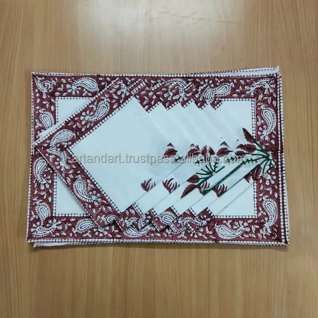 Indian Cotton Hand Block Printed Set Of 6 Place Mats And Napkins Theme