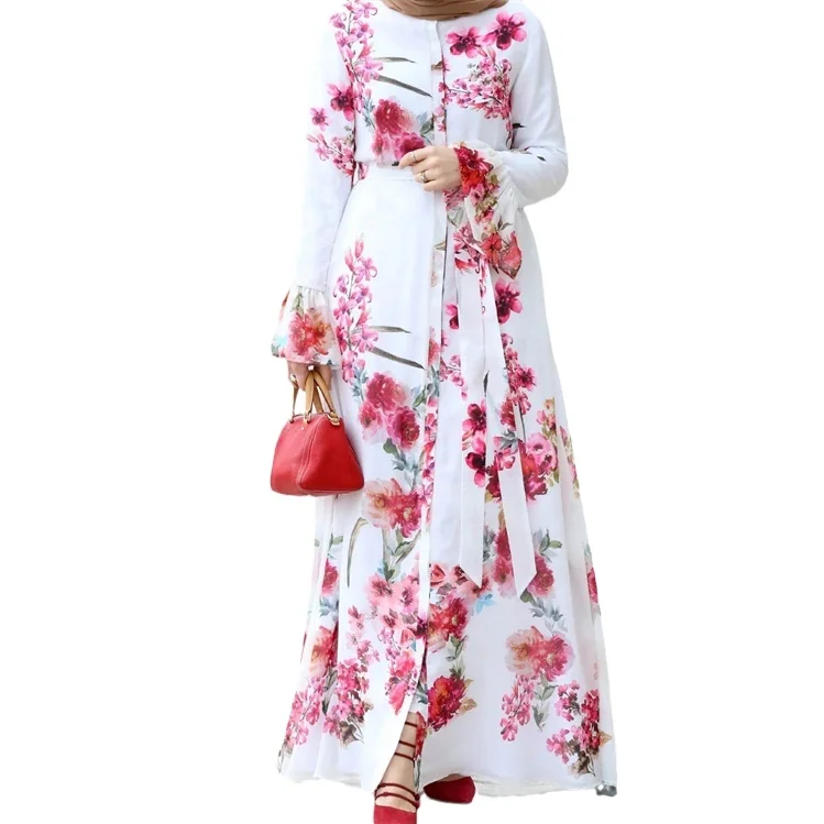White Suit Red Flower Printed Best Selling Abaya Dress Dubai Designs Islamic Ethnic Clothing Private  Label Abaya for Muslims