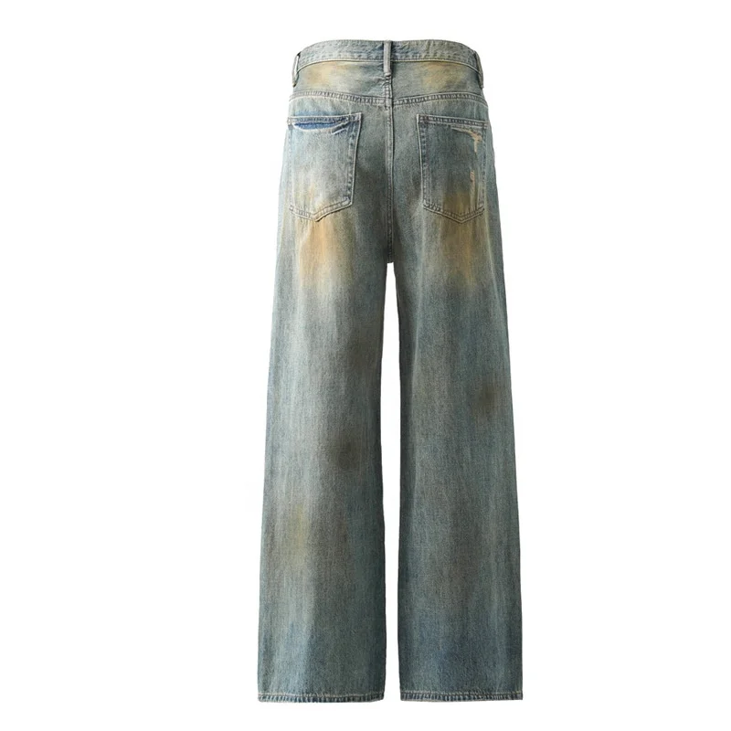High Quality Factory Wholesale Custom Design Casual Vintage Grunge Dirty Washed Denim Pants Distressed Straight Jeans for Men
