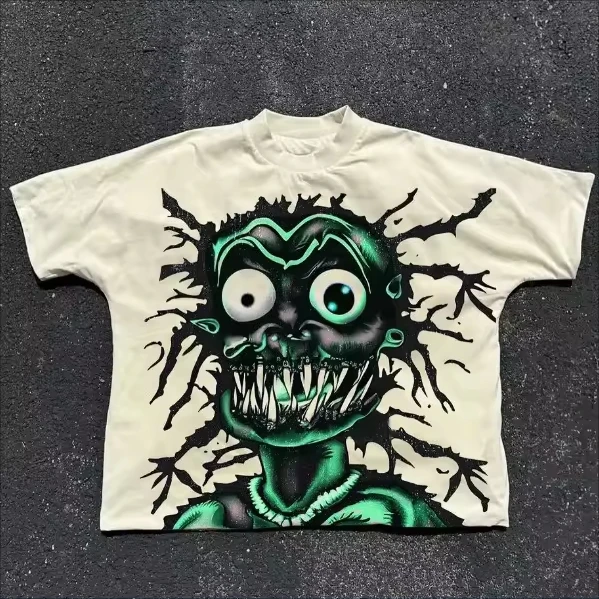 Custom Men's Cartoon Monster Print T-Shirt Short Sleeve O-Neck Regular Fit Street Style 100% Cotton Jersey Fabric T Shirt