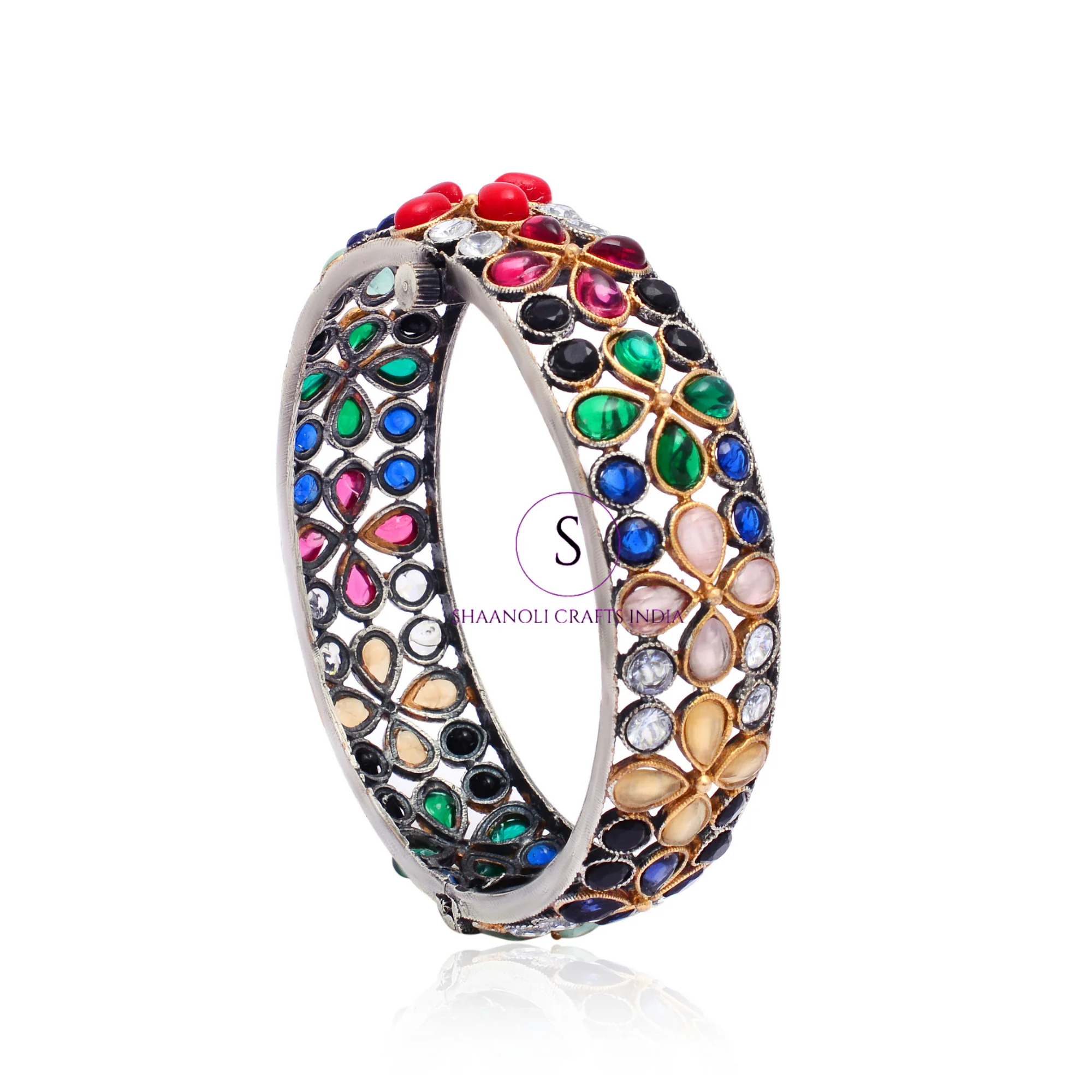 Multi Colour Stone Wedding Bride Kada Dual Tone Openable Jewelry For ...