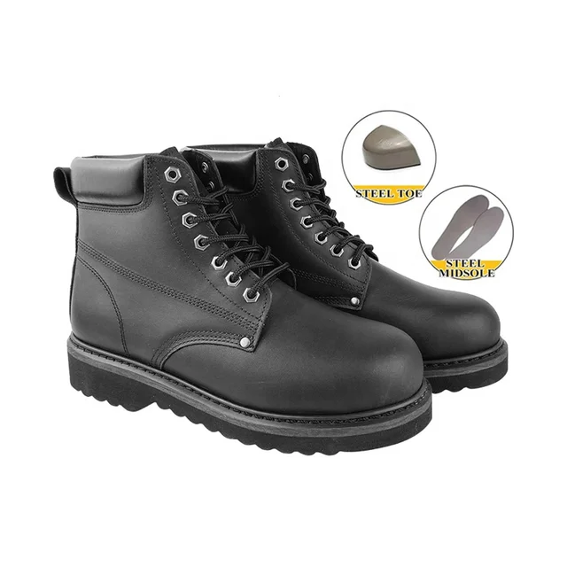 Cheap Black Wide Steel Toe Cap Safety Shoes Men Boot Production Climbing Fashion Wide Fit Goodyear Welt Leather Upper EVA Sole