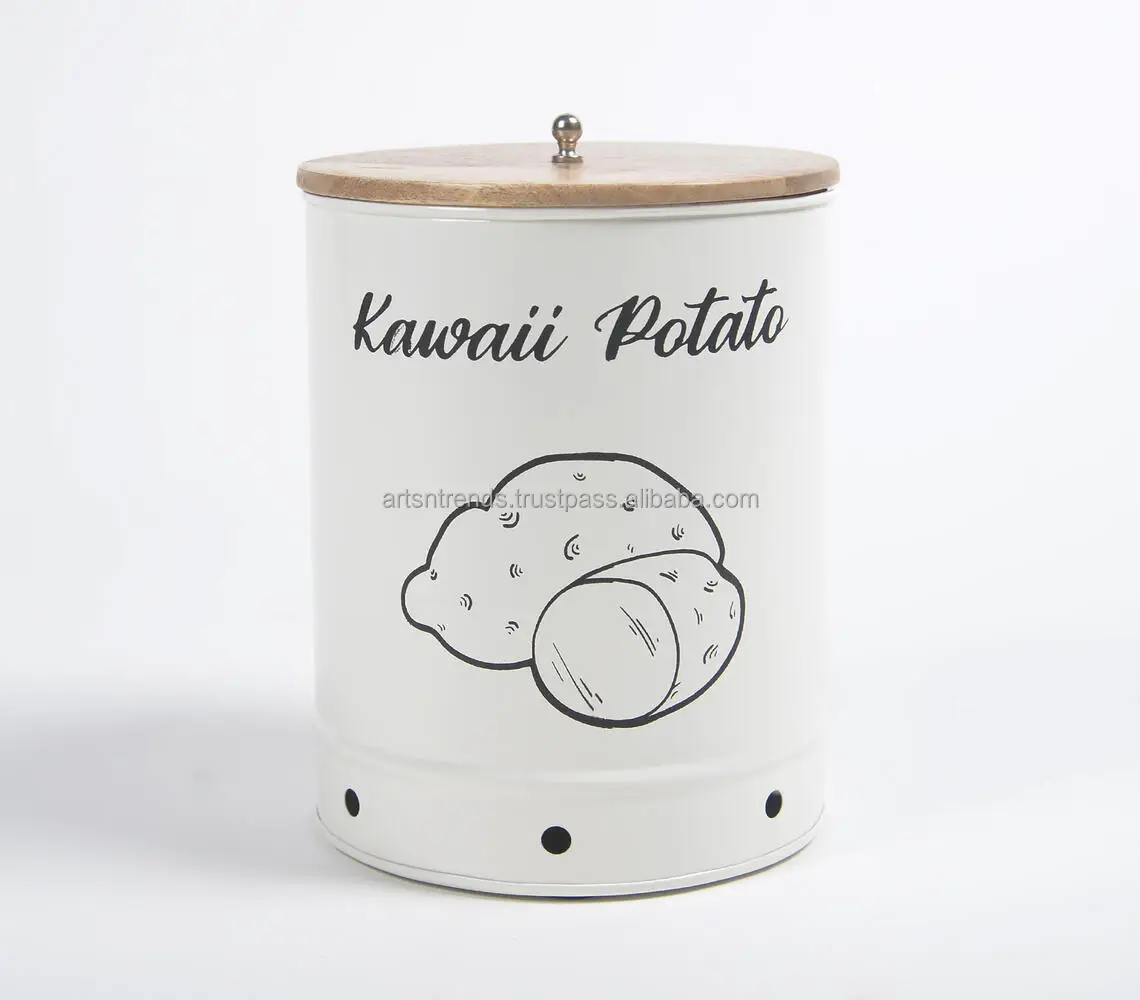 Galvanized Iron Customised Kawaii Potato Storage Jar With Wooden Lid