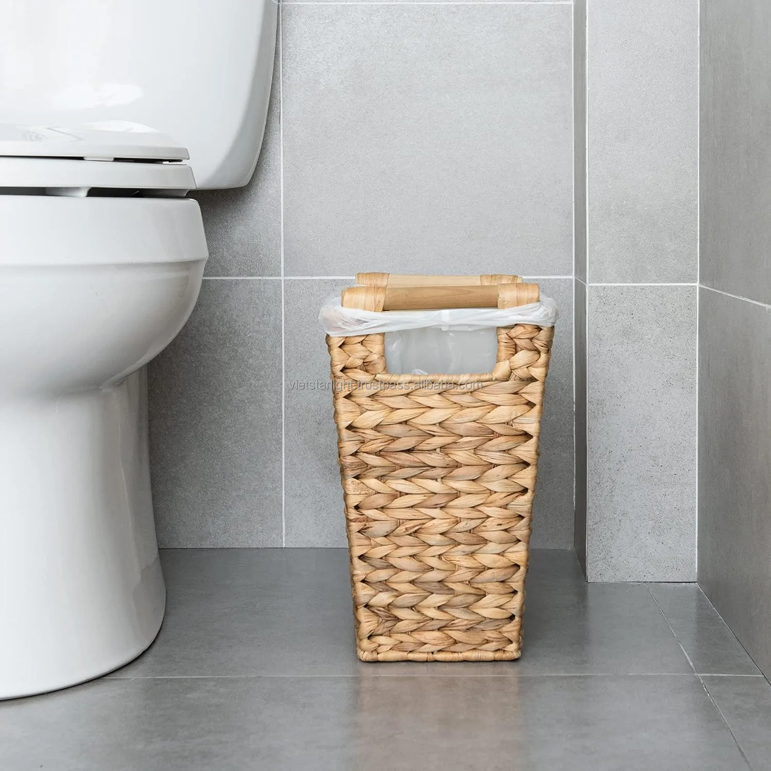 Natural Seagrass Wicker Water Hyacinth Round Waste Basket Trash Bin For