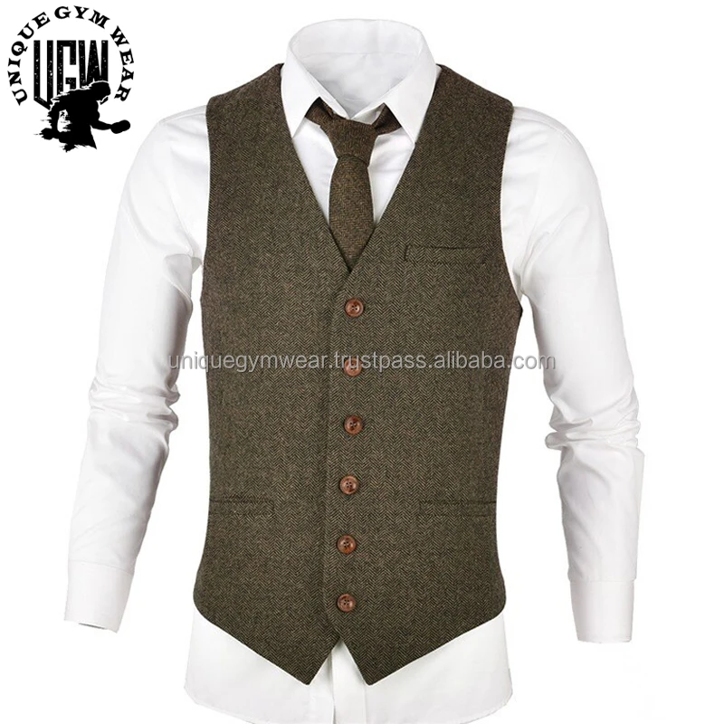 Men's Khaki Tweed Vest Wool Blend Slim Fit Suit Waistcoat For Men ...