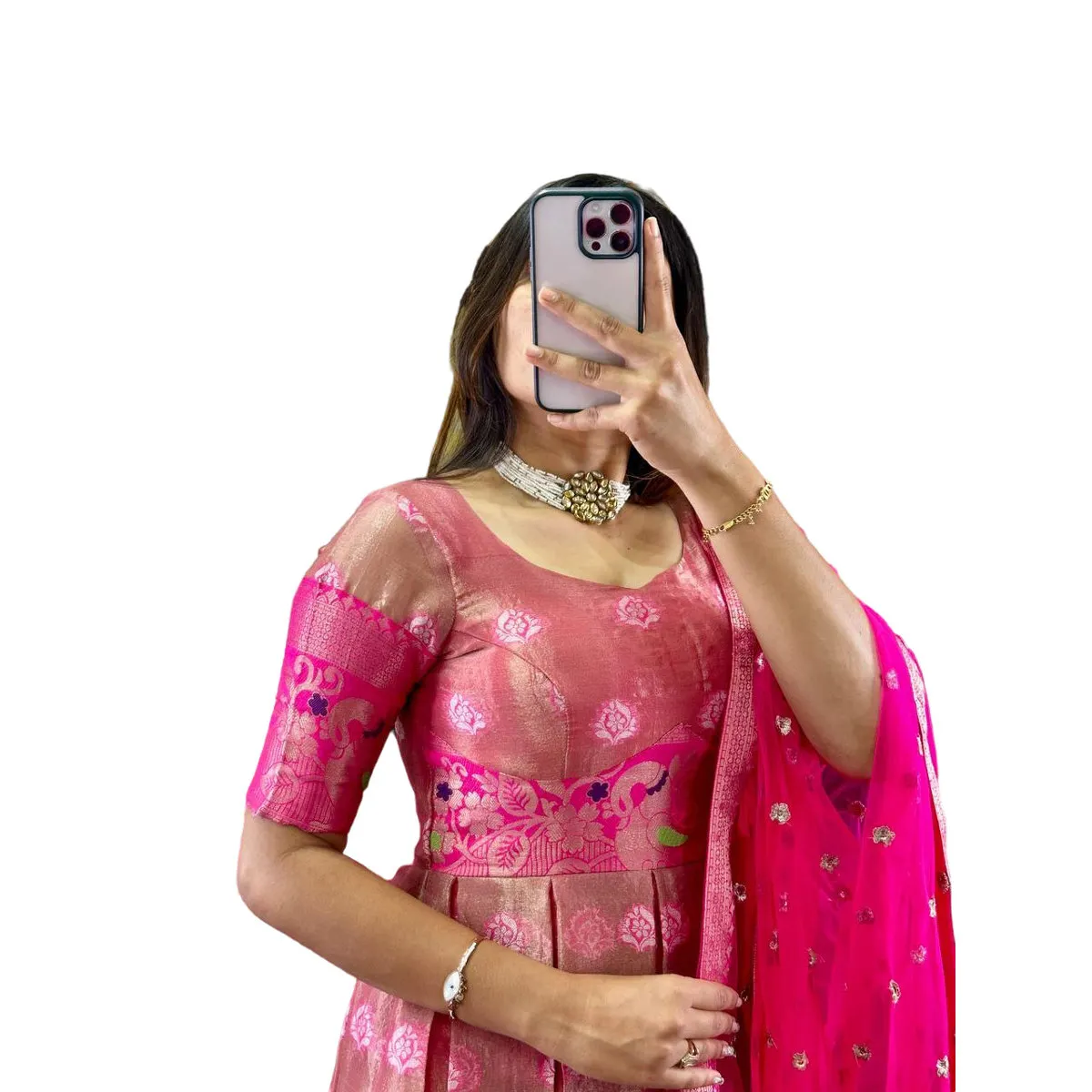BOLLYWOOD KOTA SILK JACQUARD WEAVING WORK GOWN WITH DUPATTA PINK  Achkan/Sherwani, image size:1200x1200