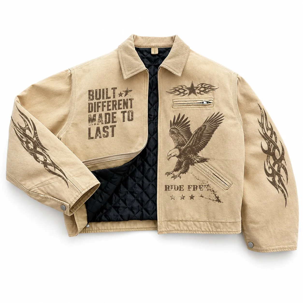 Custom Vintage Khaki Denim Jacket Graphic Eagle Print Quilted Lined Turn Down Collar Zip Up Workwear Jacket For Unisex Comfort