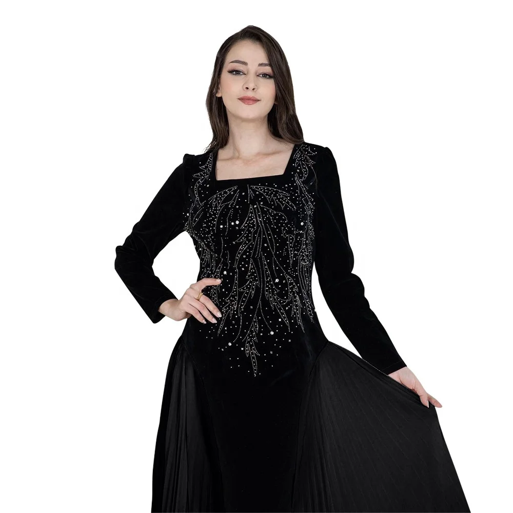 Modest Winter Elegant Velvet Banquet Evening Party Dress Premium Solid  Color Long Sleeves Maxi Dresses for Women HS025