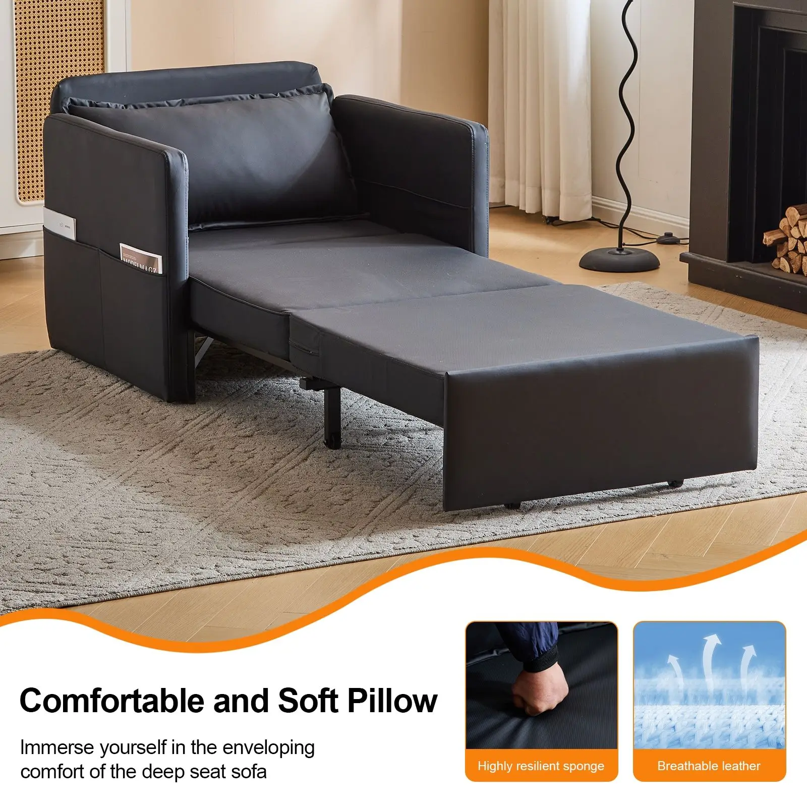 Erwachsenen 3-in-1 Konvertierbares Sofa-Sessel-Bett Schwarz-PU-Leder Praktischer Klappbarer Ablagetisch USB Typ-C Ausziehbarer Schlafsessel-Bett| Alibaba.com