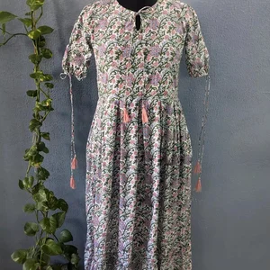 Hand Block Printed Solid Cotton Gown Puff Sleeve Mandarin Collar 100% Indian Cotton Long Maxi Dress For Women