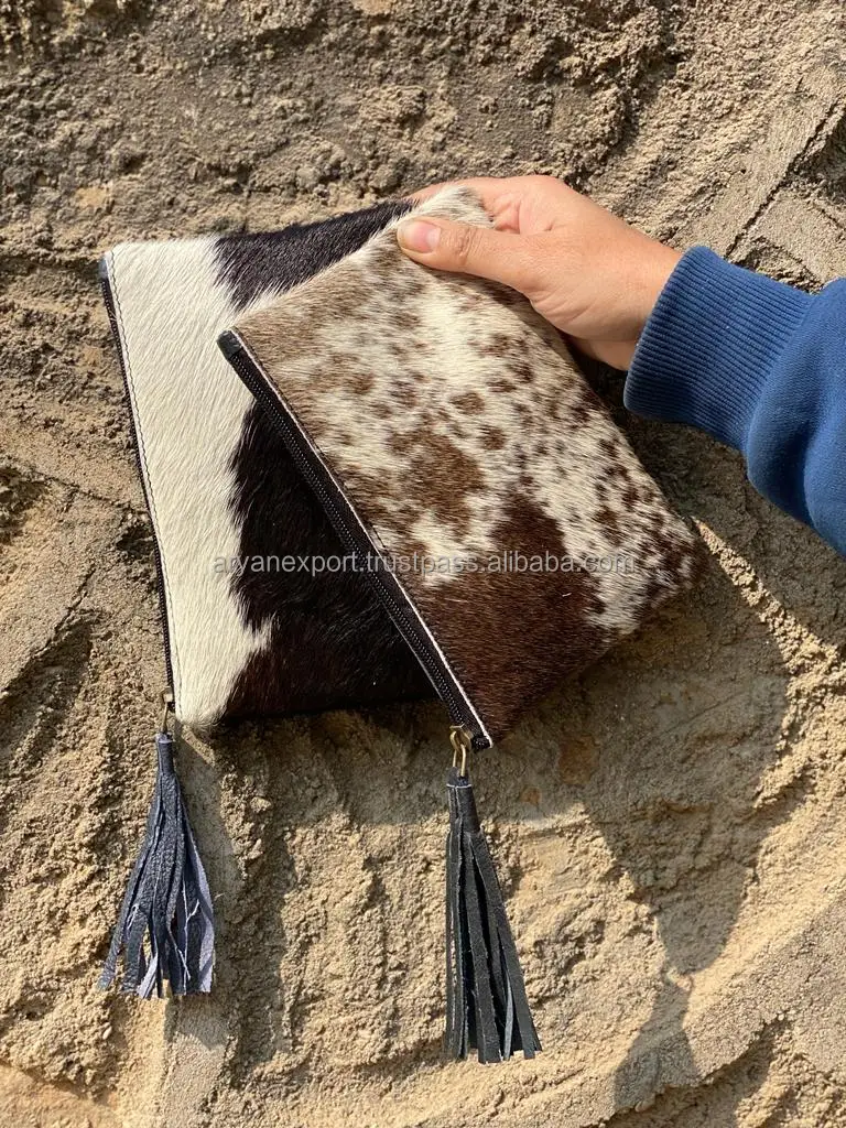 New Real Handmade Cowhide Fur Leather Pouch Small Wristlet Leather ...