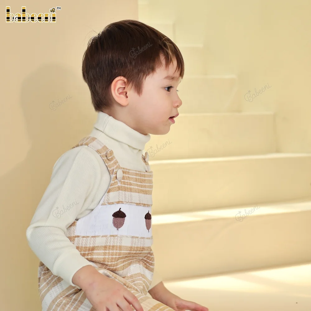 Plaid Wool Longall Boy Set with Smocked Panel and Ribbed Turtleneck ODM OEM boys clothing set wholesale baby romper - BC1340