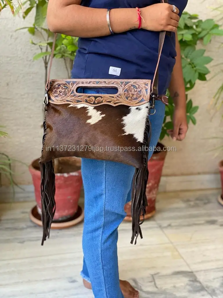 Real Cowhide Fur Leather Fringe Bag Women Tooled Carving Leather