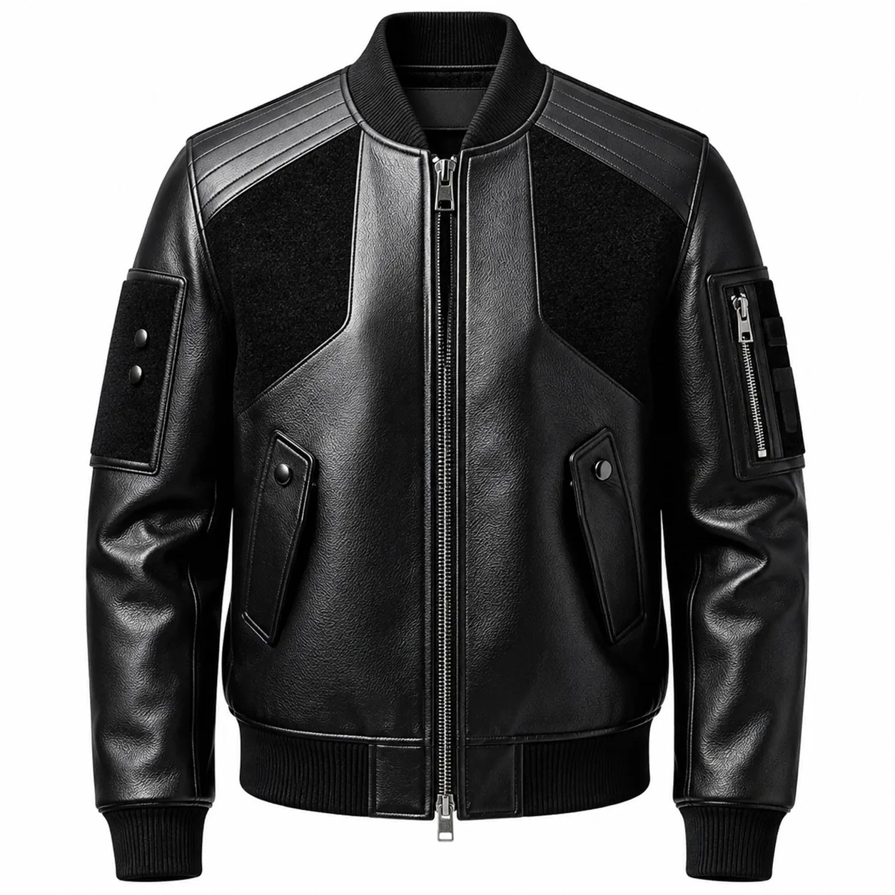 Custom Black Leather Bomber Panel Zip Up Biker Jackets Ribbed Collar Slim Fit Motorcycle Coat Casual Outerwear For Unisex Wear