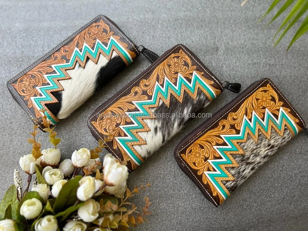 Hair-On-Hide Tooled Zip Wallet