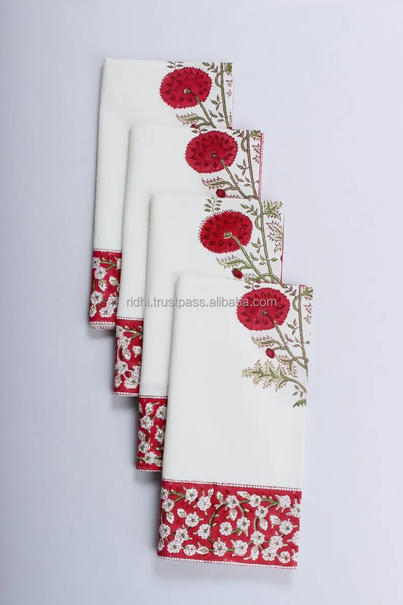 Border Napkins Falun Red Indian Floral Hand Block Printed Cloth Napkins