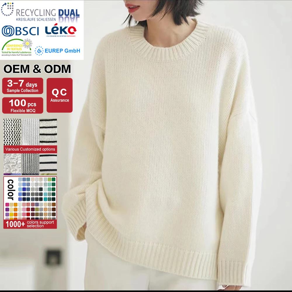Hand Crocheted Oversized Sweater for Woman Winter Loose Knitted Pullover Crew Neck Long-sleeved Solid Comfortable Sweater