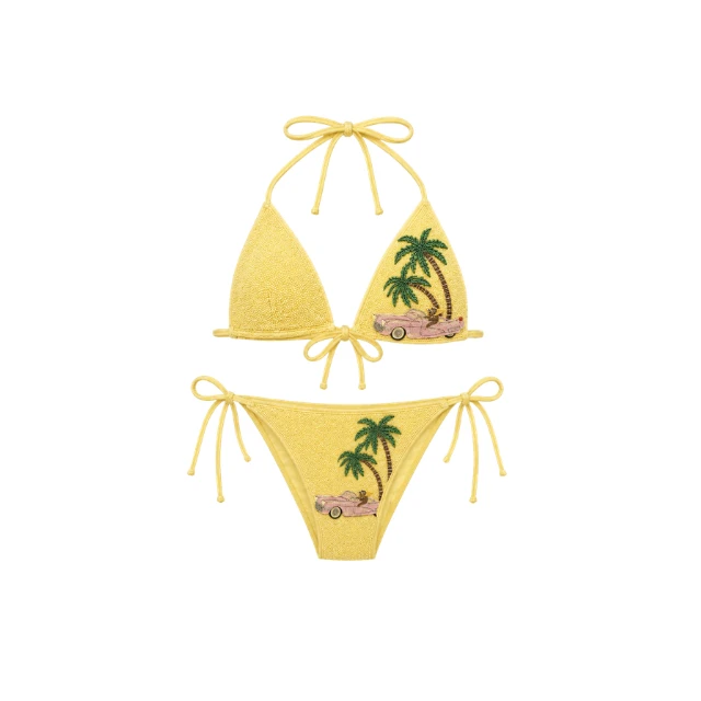 Custom Yellow Floral Print String Bikini Set with Adjustable Triangle Top and Matching Tie Side Briefs Two Piece Swimwear