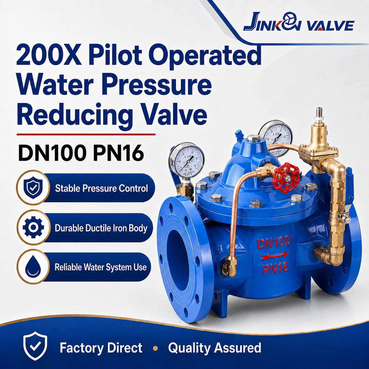JINKON VALVE DN50 DN800 PN10 PN16 Ductile Iron Flanged Hydraulic Control Water Pressure Regulator 200X Pressure Reducing Valve