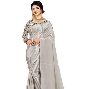 Beautiful Gray Chinon Silk Plain Saree With Sequence Blouse Piece