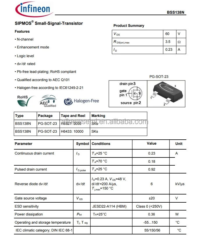 Hot sale Original BSS138NH6327 Transistor 0.23A I(D) 60V 1-Element N-Channel Silicon Metal-oxide Semiconductor FET GREEN PLASTIC