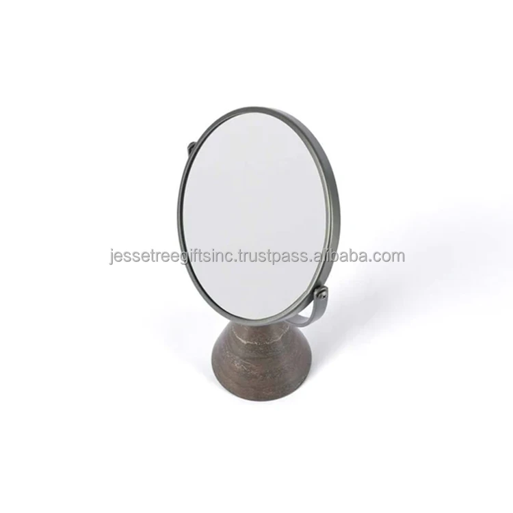 Metal Frame Table Mirror With Brown Marble Base Black Powder Coating