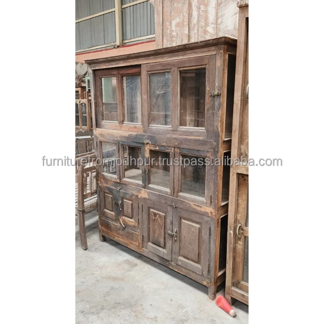 LUXURY CLASSIC ANTIQUE VINTAGE WOOD CABINET GLASS DOORS FARMHOUSE STYLE ...