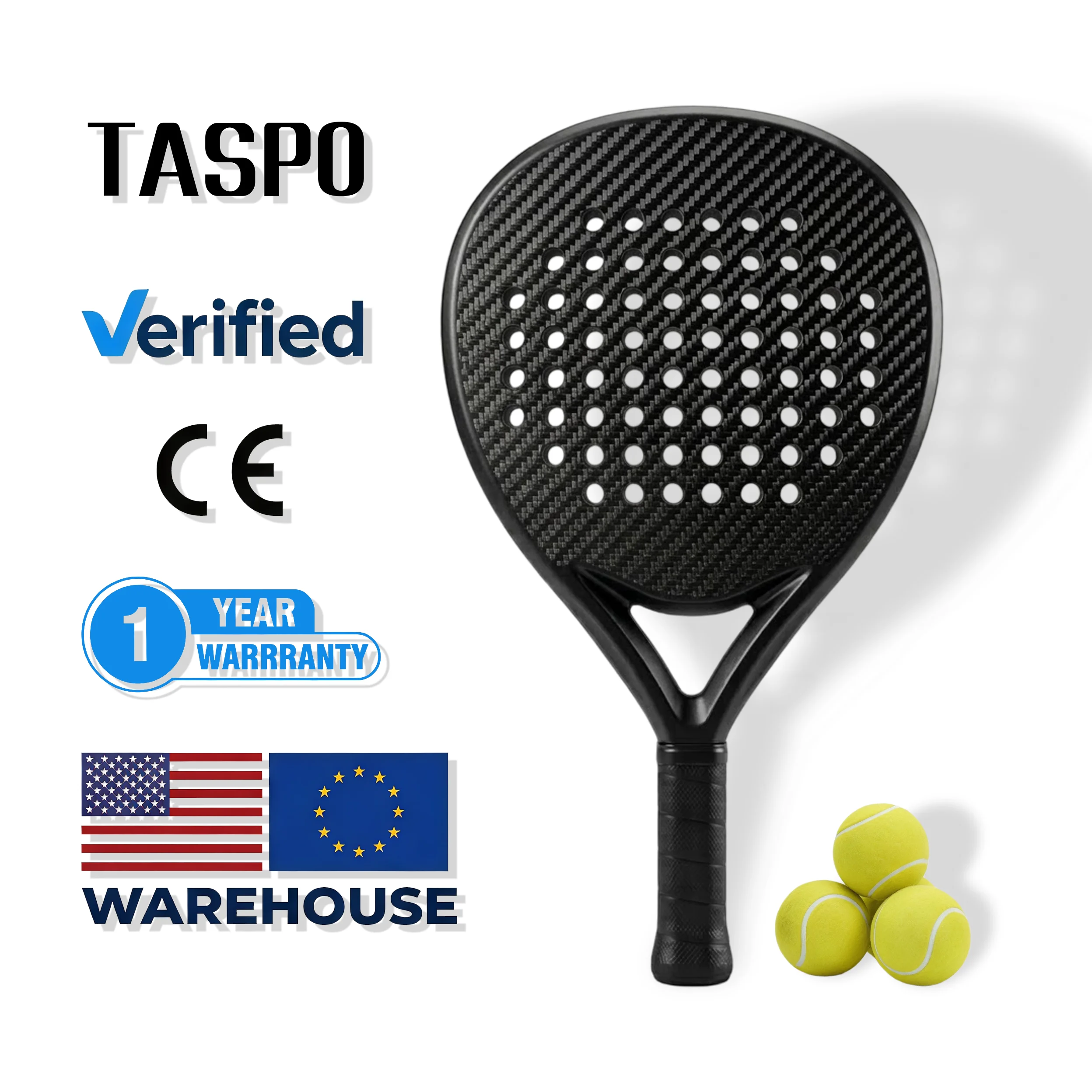 TASPO Padel Rackets Carbon Fiber 18k Teardrop Padel Racket Professional Paddle Tennis Bat Soft EVA 1Y Warranty US EU Local Stock