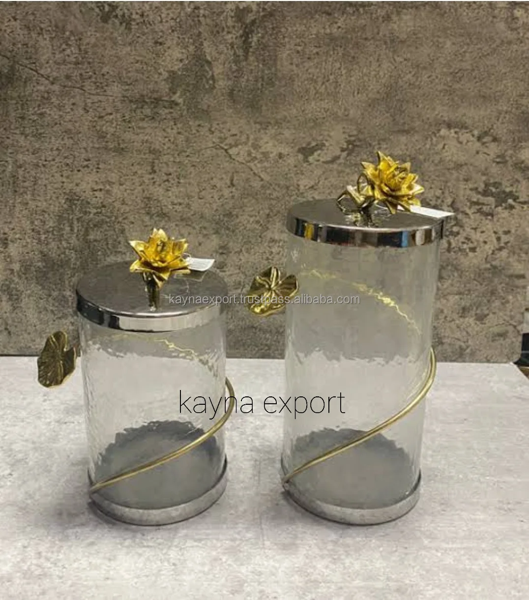 New Collection Luxury Decorative Hammered Glass Gold Leaf Design Fancy Canister Set For