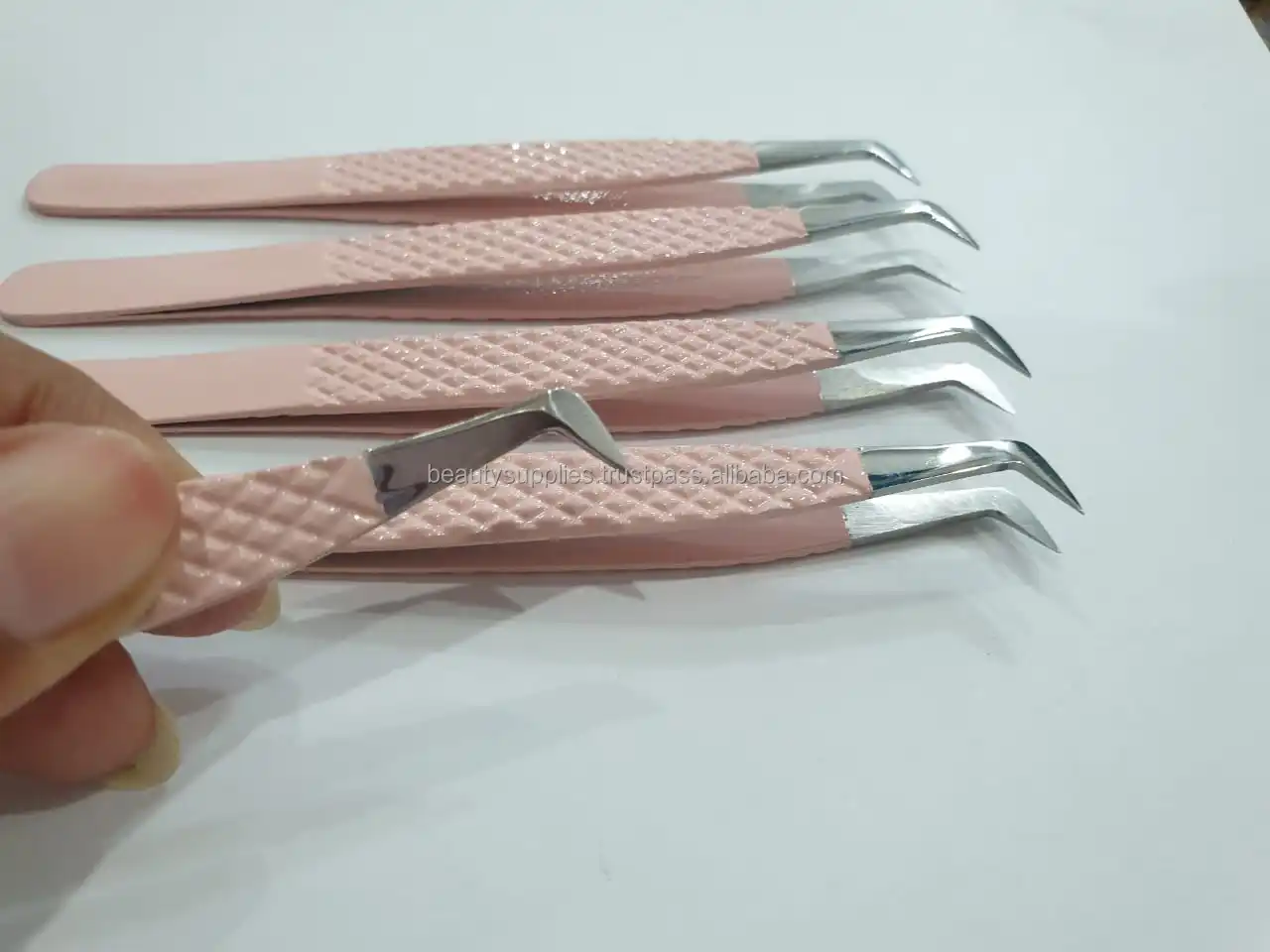 Private Label Nude Color Stainless Lash Tweezers 45 75 90 Degree Nano